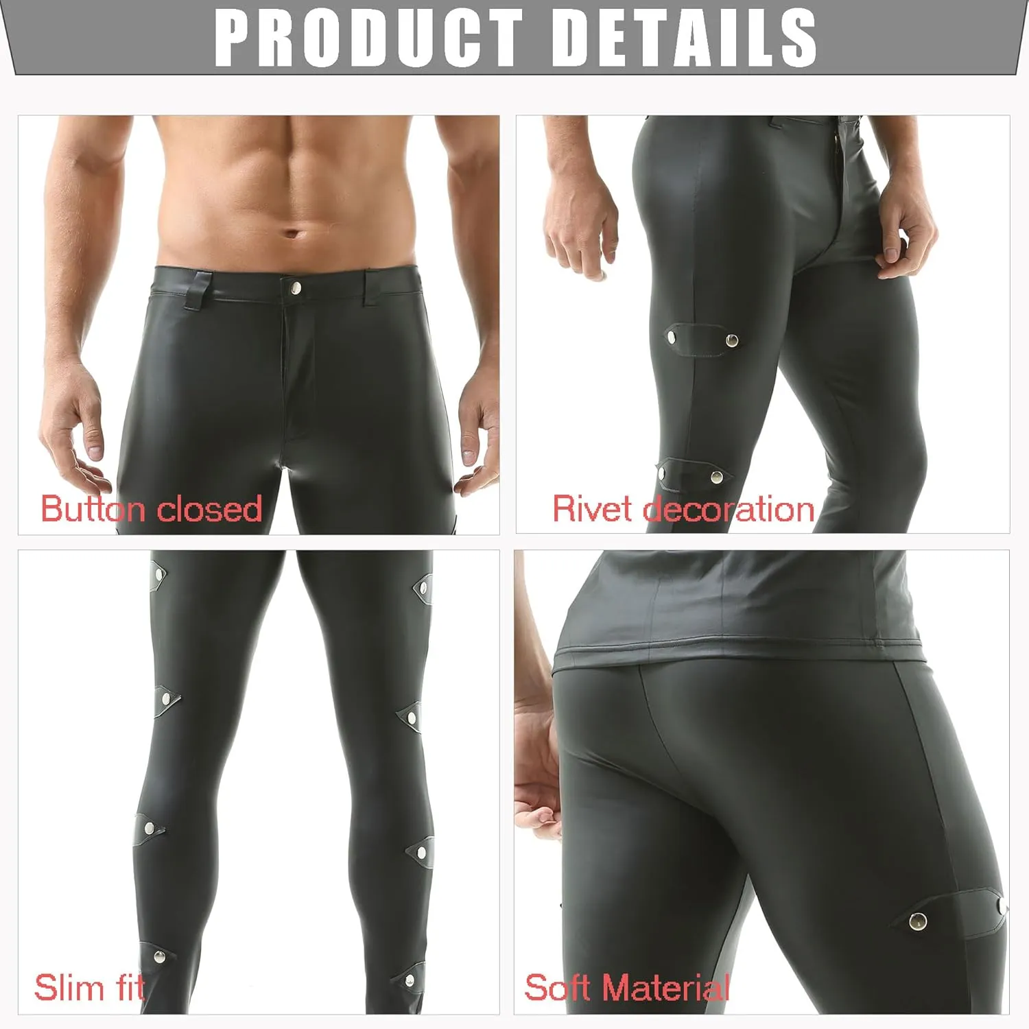 Men's Faux Leather Tight Pants Leggings Long Skinny Bottoms Stretchy Motorcycle Pants