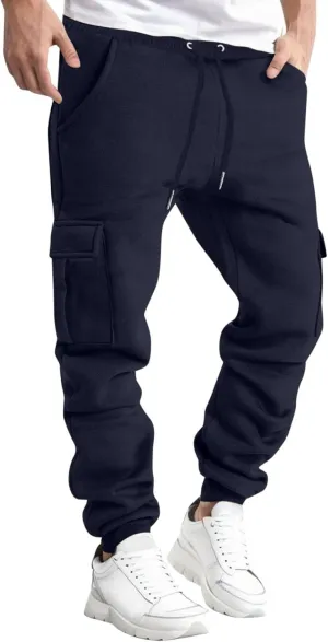 Men's Heavyweight Fleece Cargo Sweatpants Winter Drawstring Elastic Waist Joggers Baggy Cargo Pants Trousers with Pockets