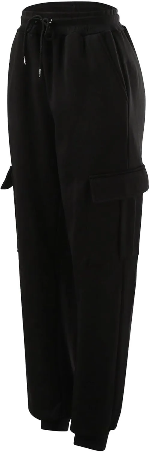 Men's Heavyweight Fleece Cargo Sweatpants Winter Drawstring Elastic Waist Joggers Baggy Cargo Pants Trousers with Pockets