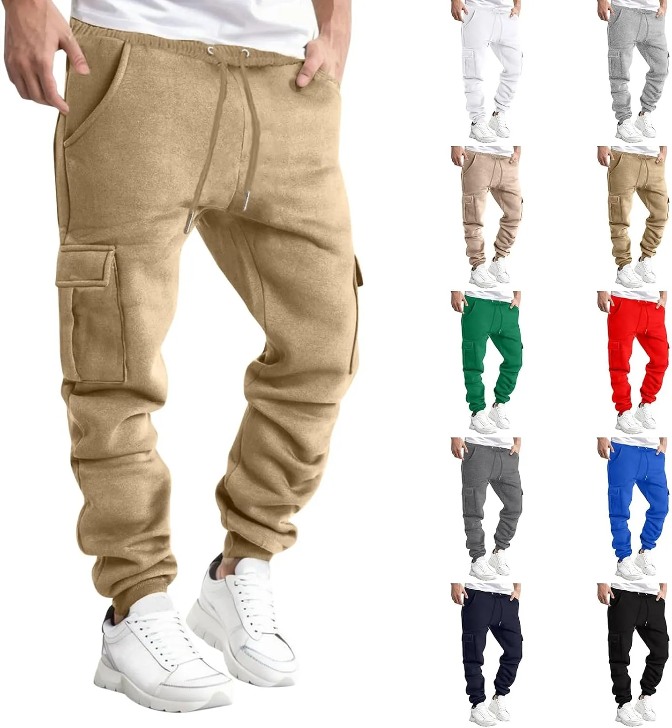 Men's Heavyweight Fleece Cargo Sweatpants Winter Drawstring Elastic Waist Joggers Baggy Cargo Pants Trousers with Pockets