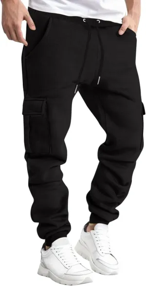 Men's Heavyweight Fleece Cargo Sweatpants Winter Drawstring Elastic Waist Joggers Baggy Cargo Pants Trousers with Pockets