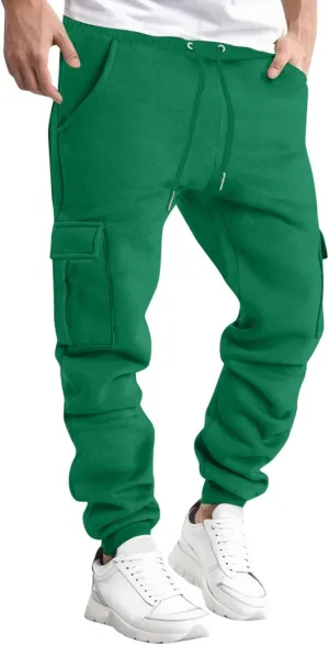 Men's Heavyweight Fleece Cargo Sweatpants Winter Drawstring Elastic Waist Joggers Baggy Cargo Pants Trousers with Pockets