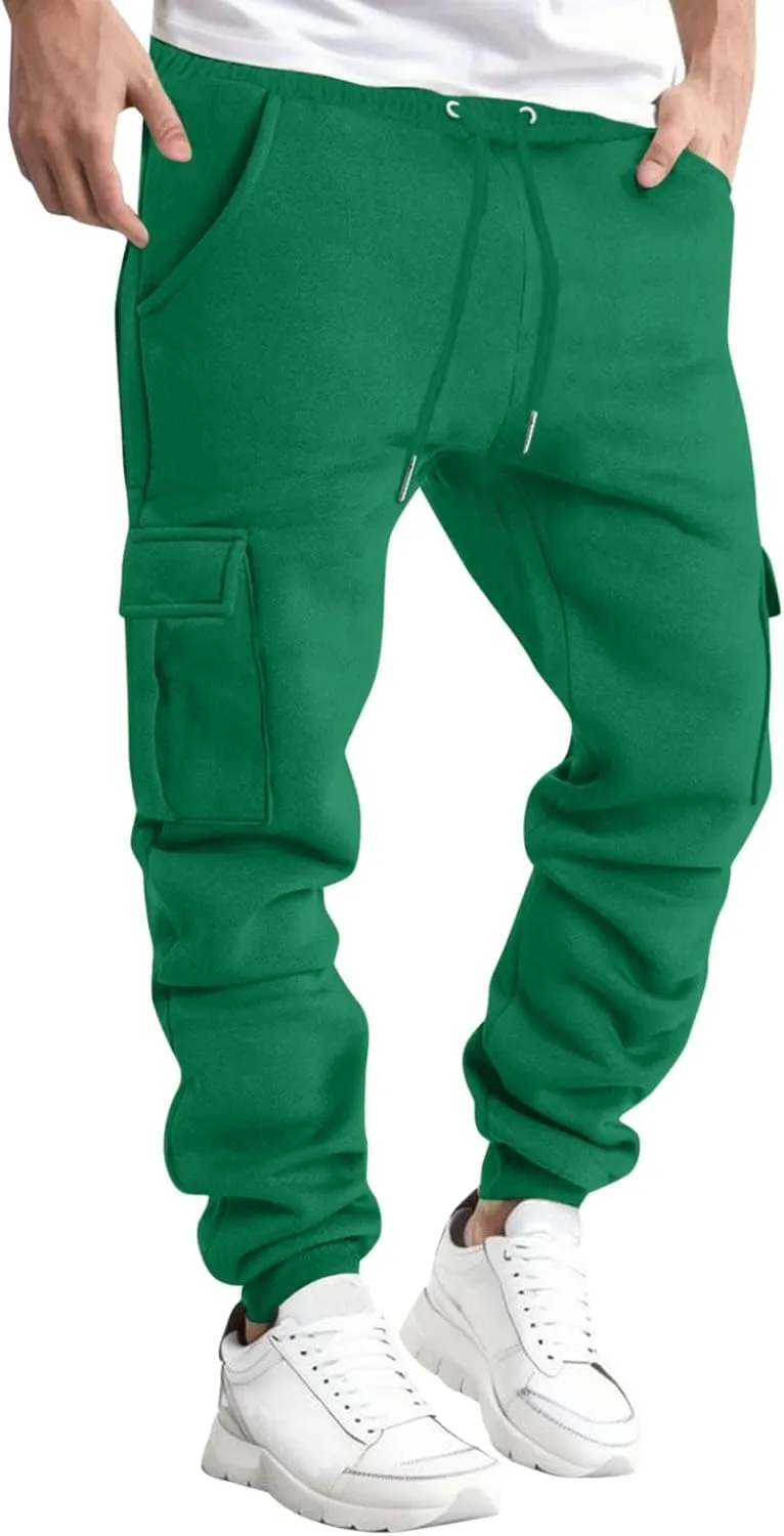 Men's Heavyweight Fleece Cargo Sweatpants Winter Drawstring Elastic Waist Joggers Baggy Cargo Pants Trousers with Pockets