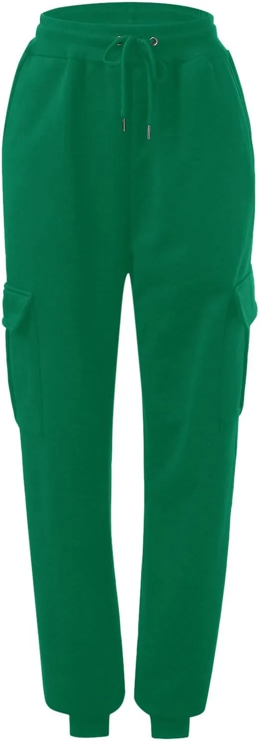 Men's Heavyweight Fleece Cargo Sweatpants Winter Drawstring Elastic Waist Joggers Baggy Cargo Pants Trousers with Pockets