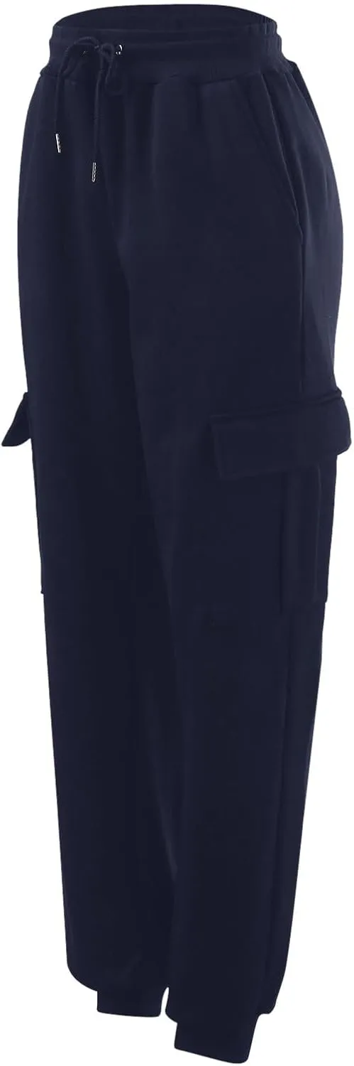 Men's Heavyweight Fleece Cargo Sweatpants Winter Drawstring Elastic Waist Joggers Baggy Cargo Pants Trousers with Pockets