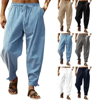 Men's Linen Pants Elastic Drawstring Casual Loose Fit Beach Summer Pants Lightweight Linen Trousers Yoga Pants