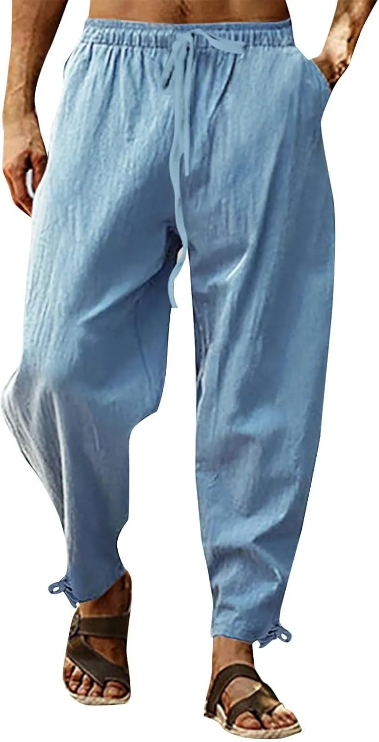 Men's Linen Pants Elastic Drawstring Casual Loose Fit Beach Summer Pants Lightweight Linen Trousers Yoga Pants