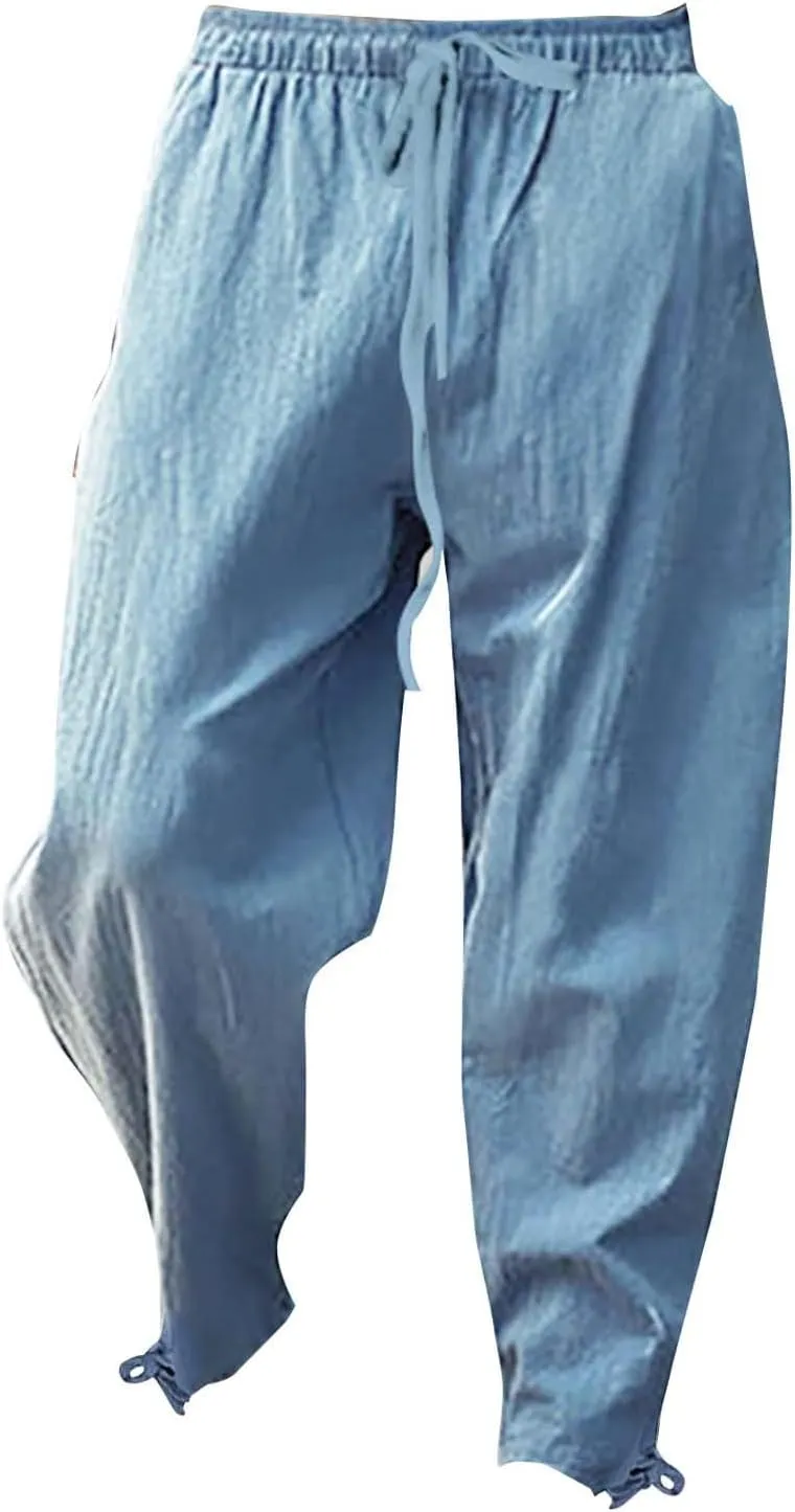 Men's Linen Pants Elastic Drawstring Casual Loose Fit Beach Summer Pants Lightweight Linen Trousers Yoga Pants
