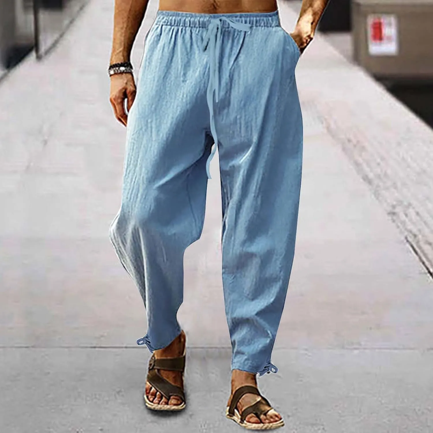 Men's Linen Pants Elastic Drawstring Casual Loose Fit Beach Summer Pants Lightweight Linen Trousers Yoga Pants