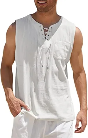 Men's Linen Tank Tops Summer Casual Sleeveless Shirts Lace Up Beach Hippie Tops Bohemian Tunic