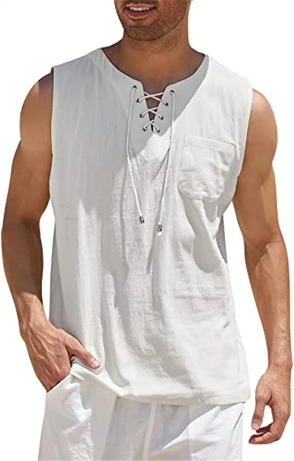Men's Linen Tank Tops Summer Casual Sleeveless Shirts Lace Up Beach Hippie Tops Bohemian Tunic