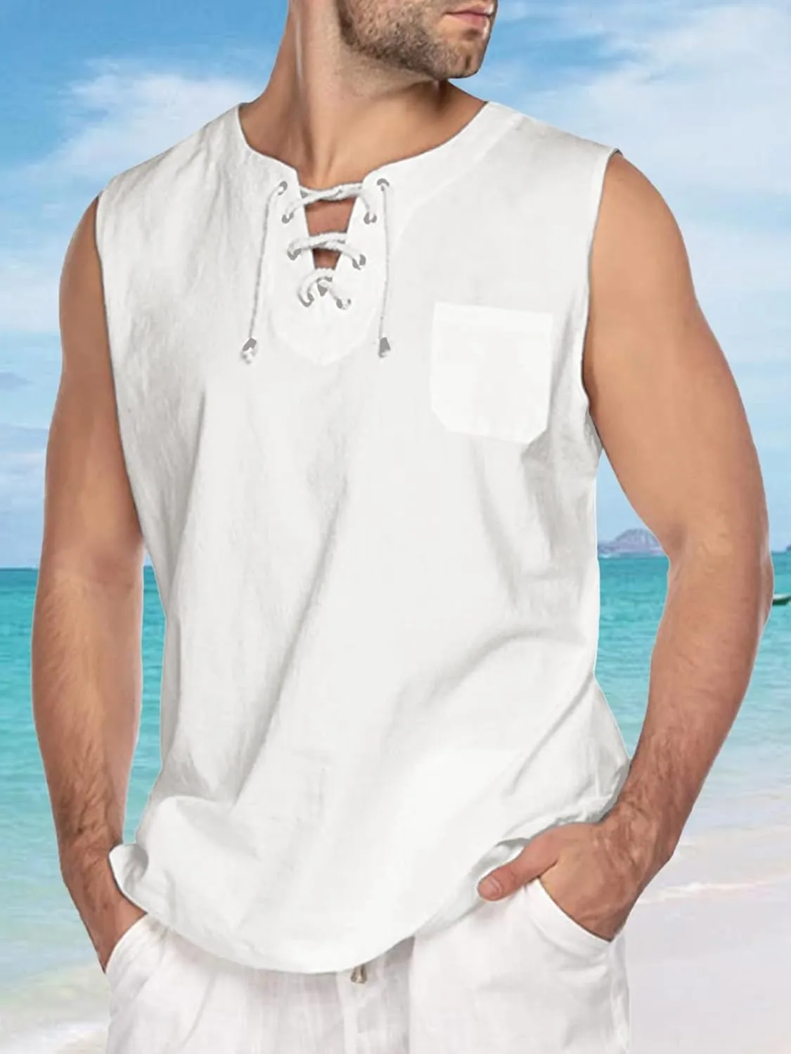 Men's Linen Tank Tops Summer Casual Sleeveless Shirts Lace Up Beach Hippie Tops Bohemian Tunic