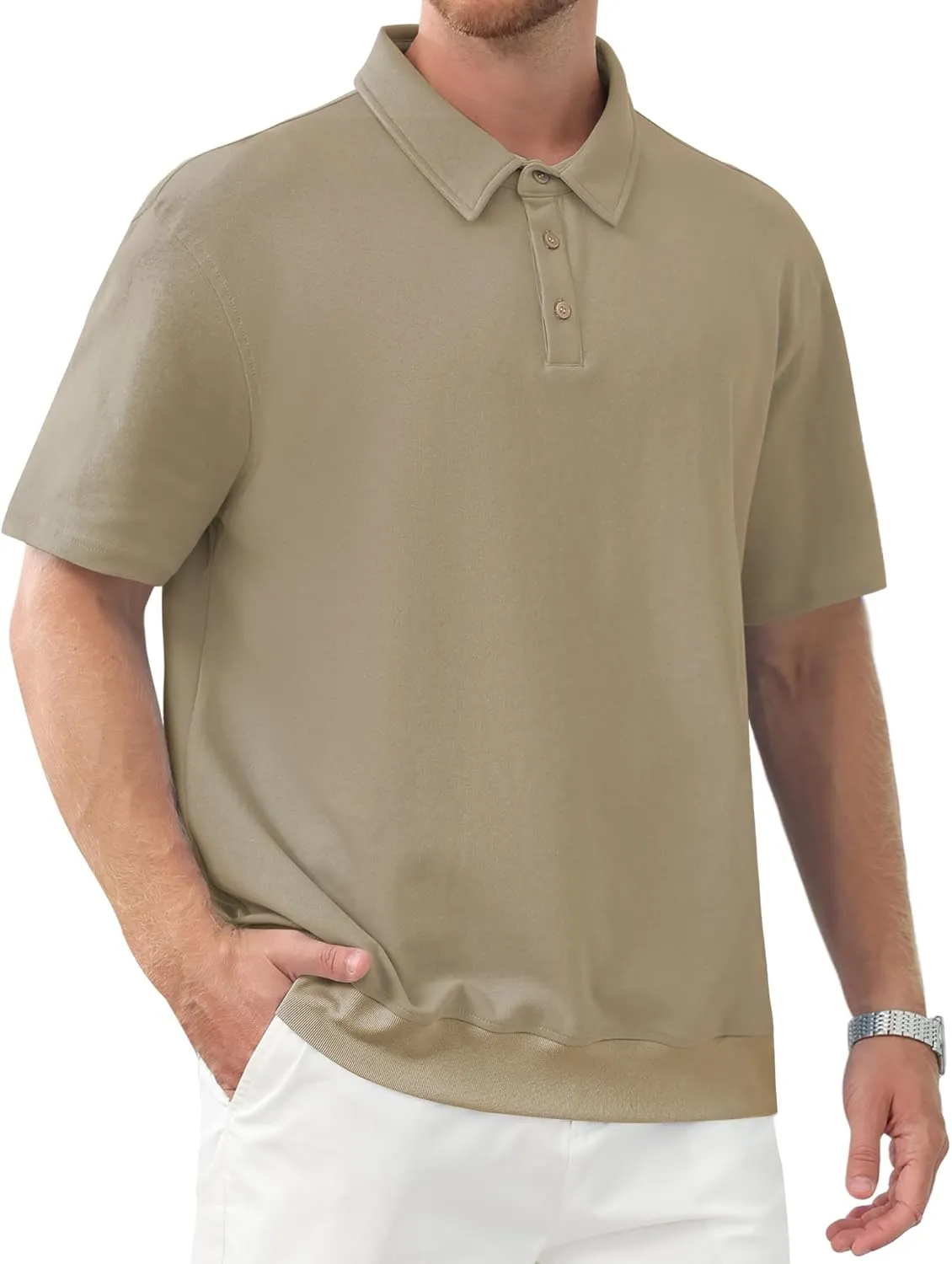 Men's Polo Shirts Short Sleeve Casual Banded Bottom Stretch Button Down Classic Golf Shirts Collared T-Shirt