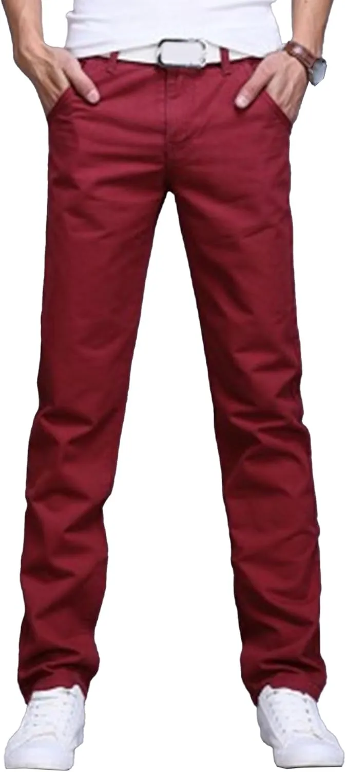 Men's Style Comfy Solid Chinos Pants Casual Slim Fit Business Slack Stretch Straight Fashion Trousers (Red,30)