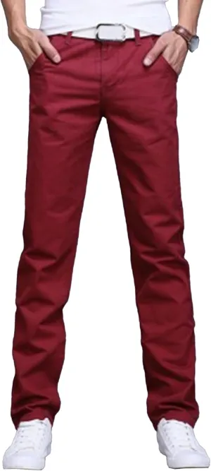 Men's Style Comfy Solid Chinos Pants Casual Slim Fit Business Slack Stretch Straight Fashion Trousers (Red,30)