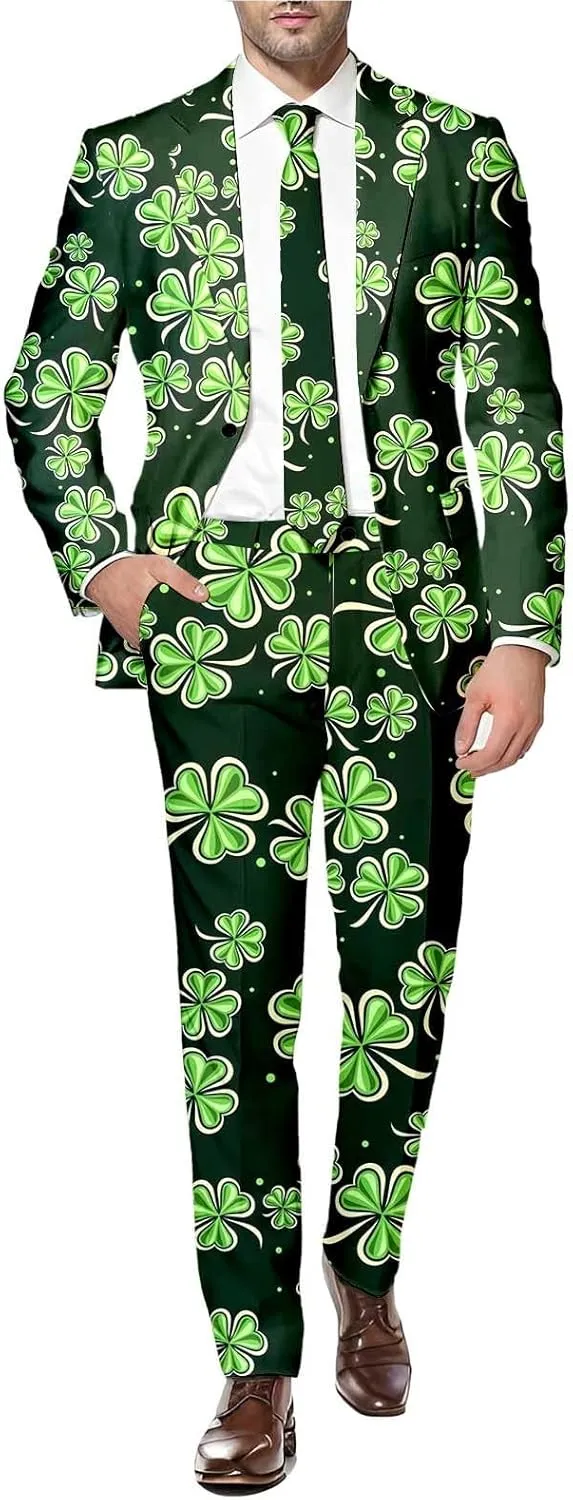 Men's Valentine's Day Slim Fit Suit 2 Piece One Button Jackets Pants Funny Printed Tuxedo Suits Sets