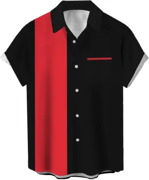 Men's Vintage Bowling Shirts 1950s Casual Short Sleeve Button Up Contrast Shirt Summer Color Block Cuban Shirts