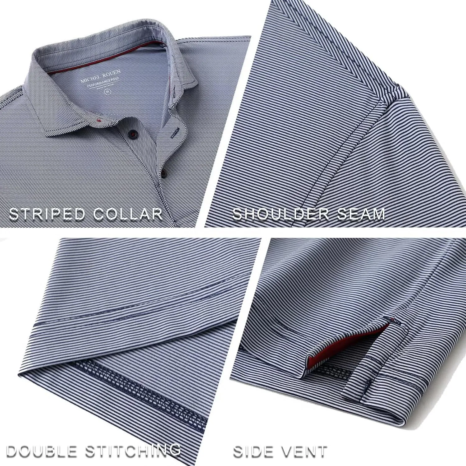 MICHEL ROUEN Golf Shirts for Men Short Sleeve Lightweight Quick Dry Pin Striped Casual Collared Polo Shirts