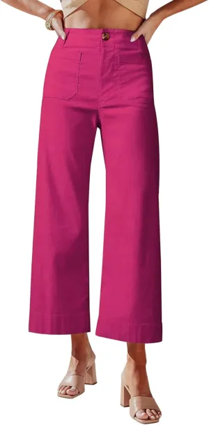 miduo Womens High Waisted Cropped Wide Leg Stretchy Straight Pants Trousers with Pockets
