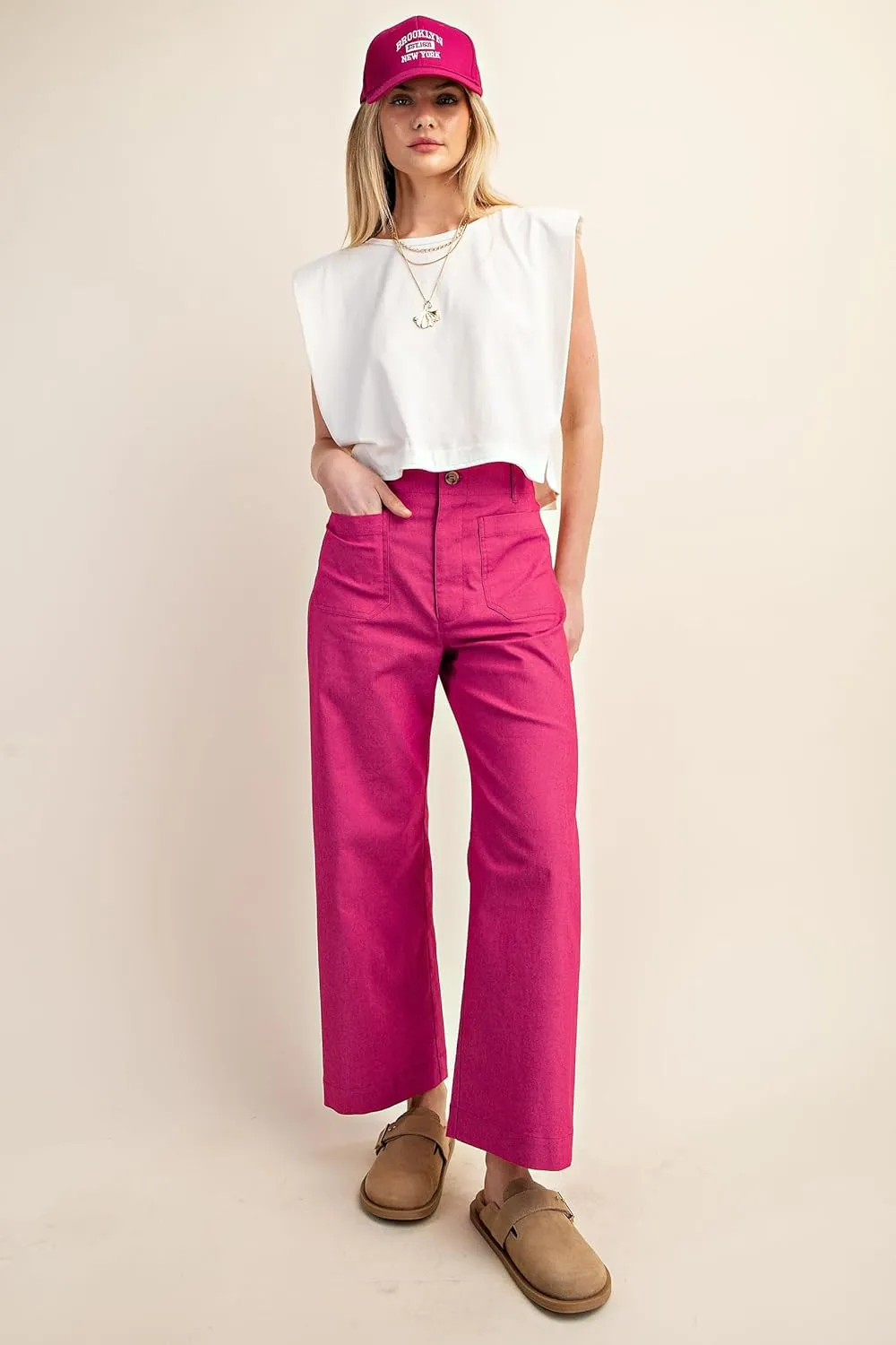 miduo Womens High Waisted Cropped Wide Leg Stretchy Straight Pants Trousers with Pockets