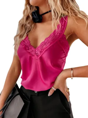 miduo Womens Satin V Neck Lace Trim Cami Tank Tops Sleeveless Blouses Shirts Tops