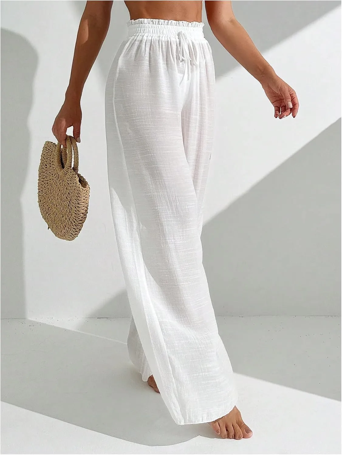 Milumia Women's Summer Linen Bathing Suit Cover Up Swim Beach Pants Sheer Wide Leg Swimsuit Coverup Pants