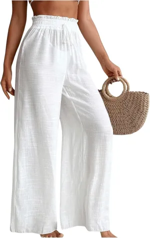 Milumia Women's Summer Linen Bathing Suit Cover Up Swim Beach Pants Sheer Wide Leg Swimsuit Coverup Pants