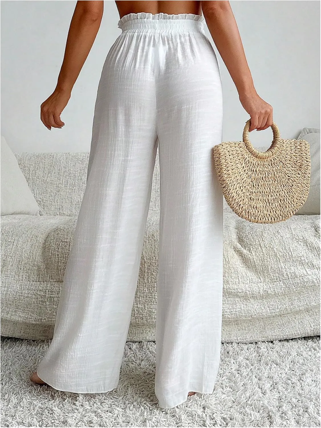 Milumia Women's Summer Linen Bathing Suit Cover Up Swim Beach Pants Sheer Wide Leg Swimsuit Coverup Pants