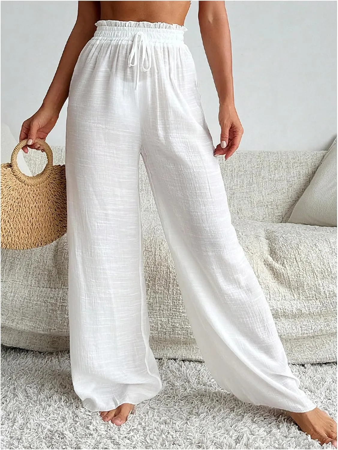 Milumia Women's Summer Linen Bathing Suit Cover Up Swim Beach Pants Sheer Wide Leg Swimsuit Coverup Pants