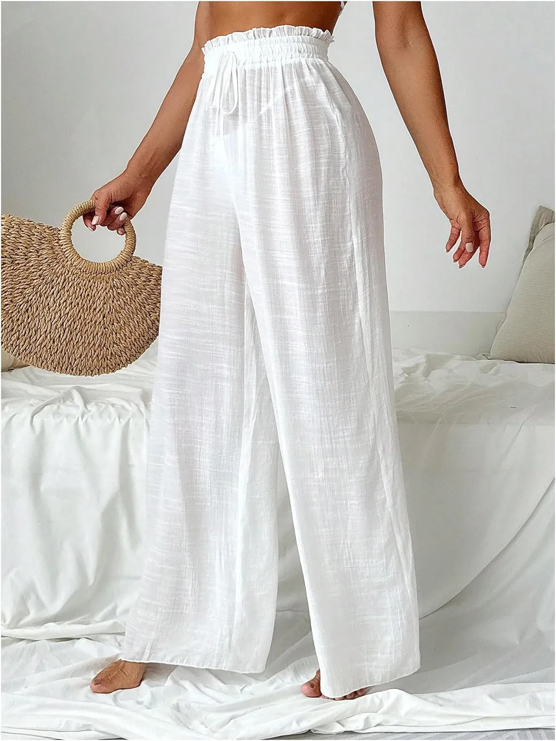 Milumia Women's Summer Linen Bathing Suit Cover Up Swim Beach Pants Sheer Wide Leg Swimsuit Coverup Pants