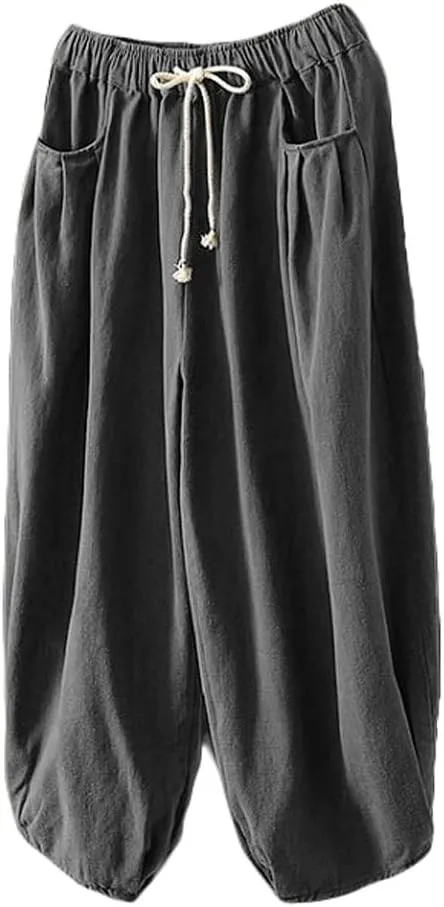 Minibee Women's Baggy Harem Pants Wide Leg Casual Pant Summer Cotton Drawstring Trousers with Pockets