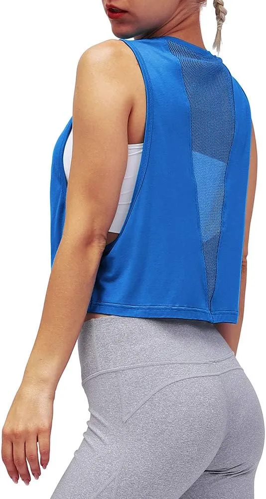 Mippo Womens Mesh Back Workout Crop Tops Loose Fit Gym Running Tank Tops