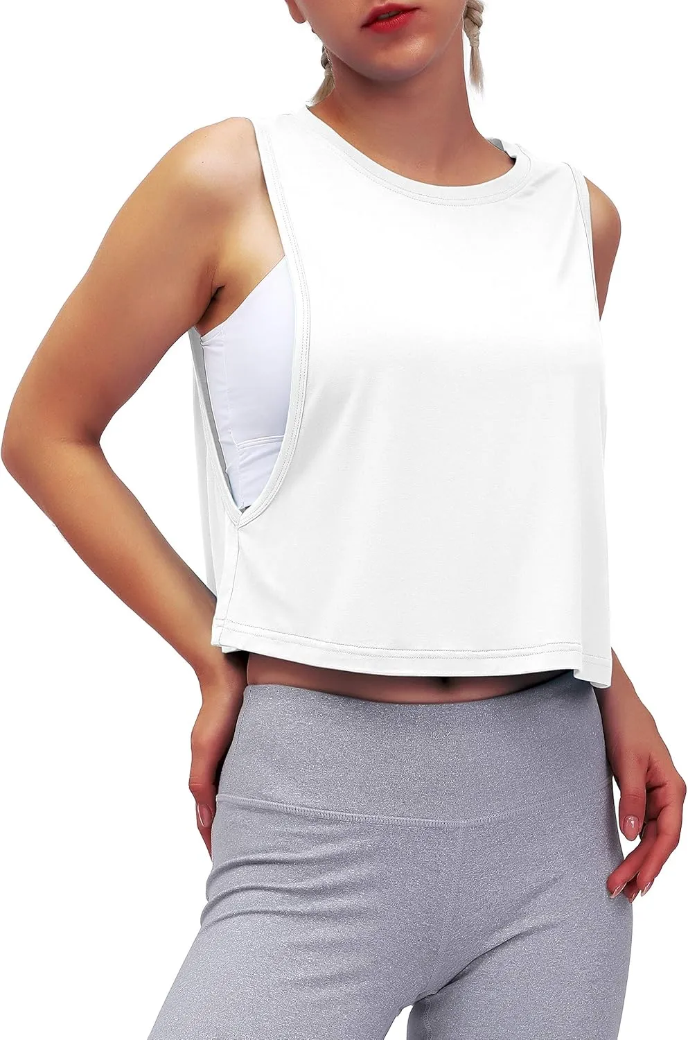 Mippo Womens Mesh Back Workout Crop Tops Loose Fit Gym Running Tank Tops