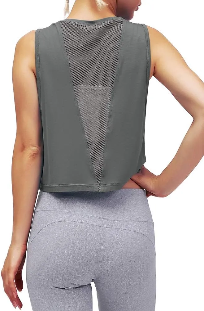 Mippo Womens Mesh Back Workout Crop Tops Loose Fit Gym Running Tank Tops