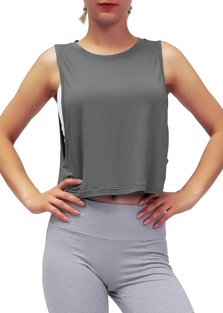 Mippo Womens Mesh Back Workout Crop Tops Loose Fit Gym Running Tank Tops
