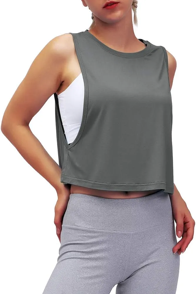 Mippo Womens Mesh Back Workout Crop Tops Loose Fit Gym Running Tank Tops