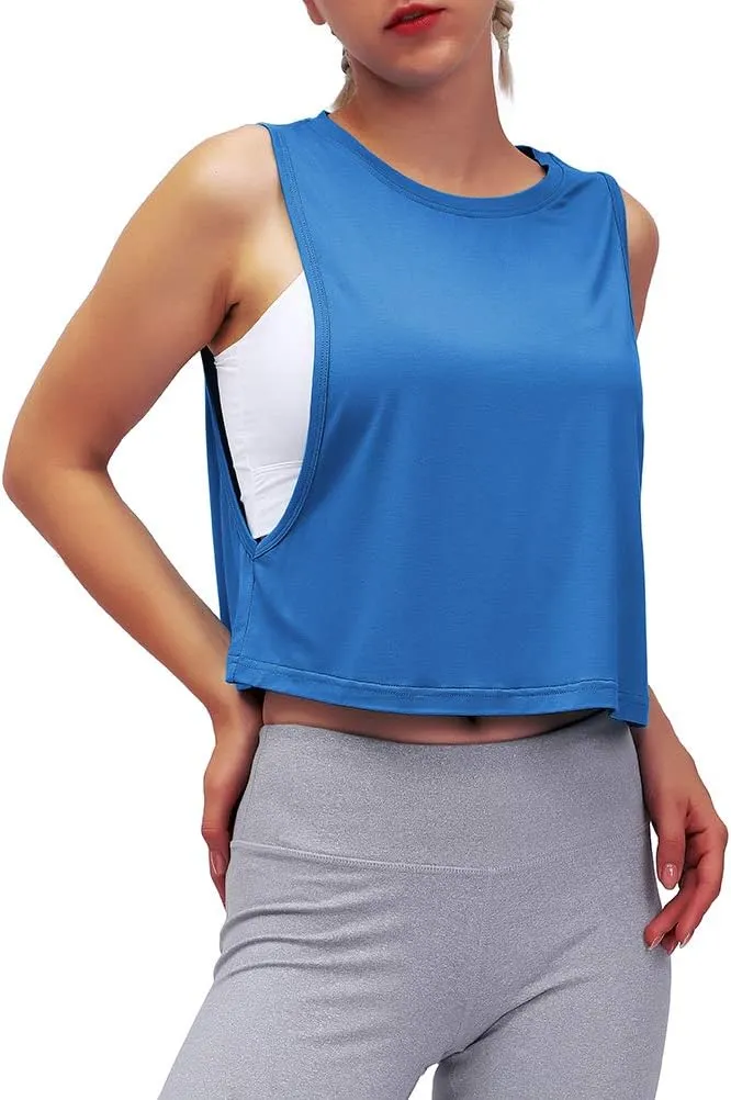 Mippo Womens Mesh Back Workout Crop Tops Loose Fit Gym Running Tank Tops
