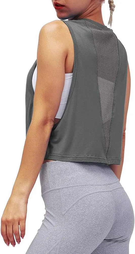 Mippo Womens Mesh Back Workout Crop Tops Loose Fit Gym Running Tank Tops