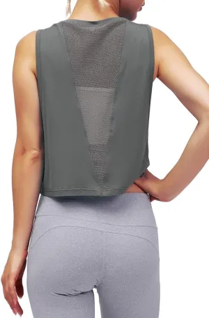 Mippo Womens Mesh Back Workout Crop Tops Loose Fit Gym Running Tank Tops