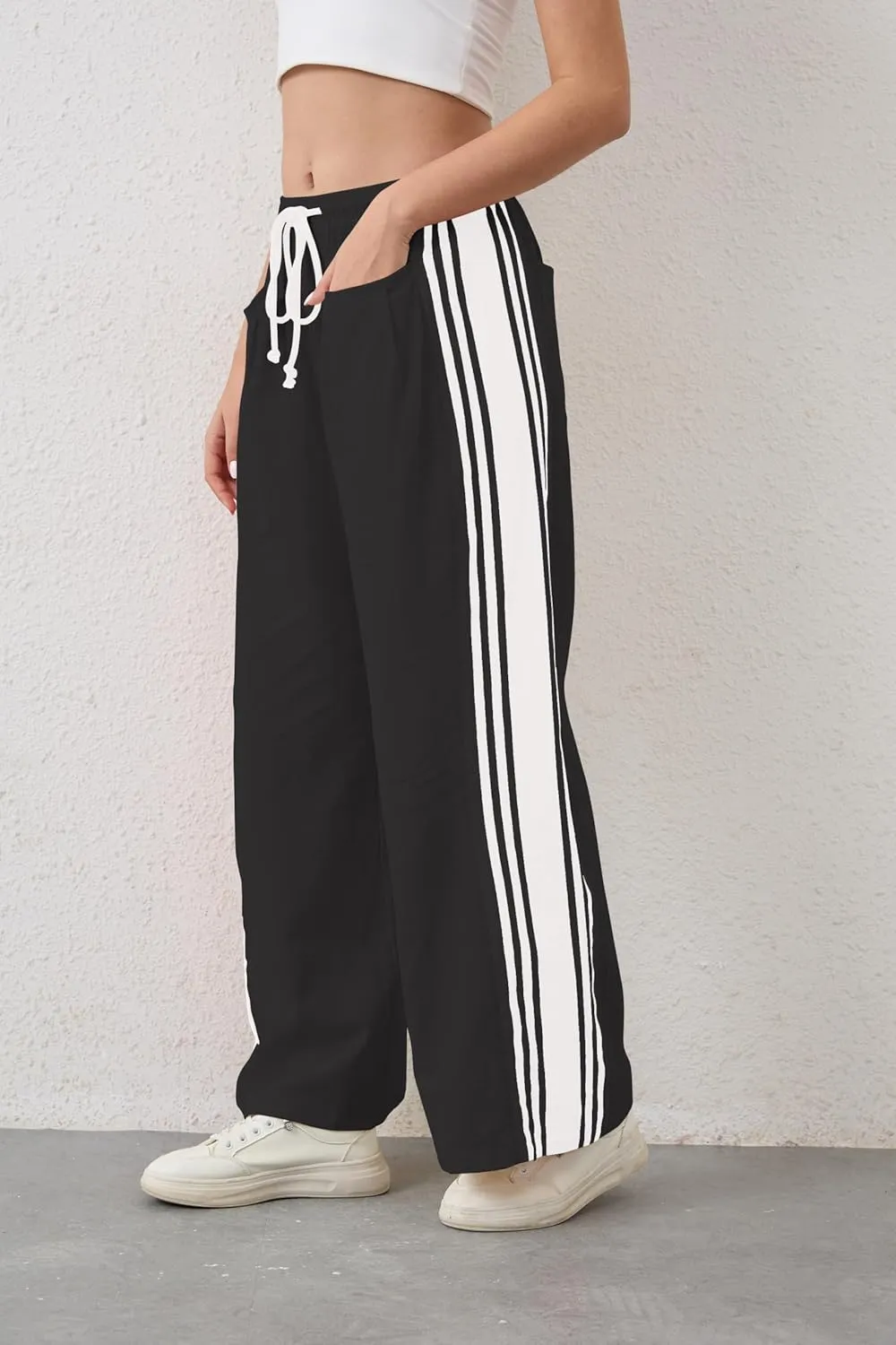 MISSACTIVER Women Side Striped Wide Leg Pants Color Block High Rise Drawstring Sweatpants Baggy Track Pants with Pockets