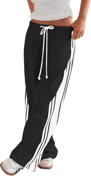 MISSACTIVER Women Side Striped Wide Leg Pants Color Block High Rise Drawstring Sweatpants Baggy Track Pants with Pockets