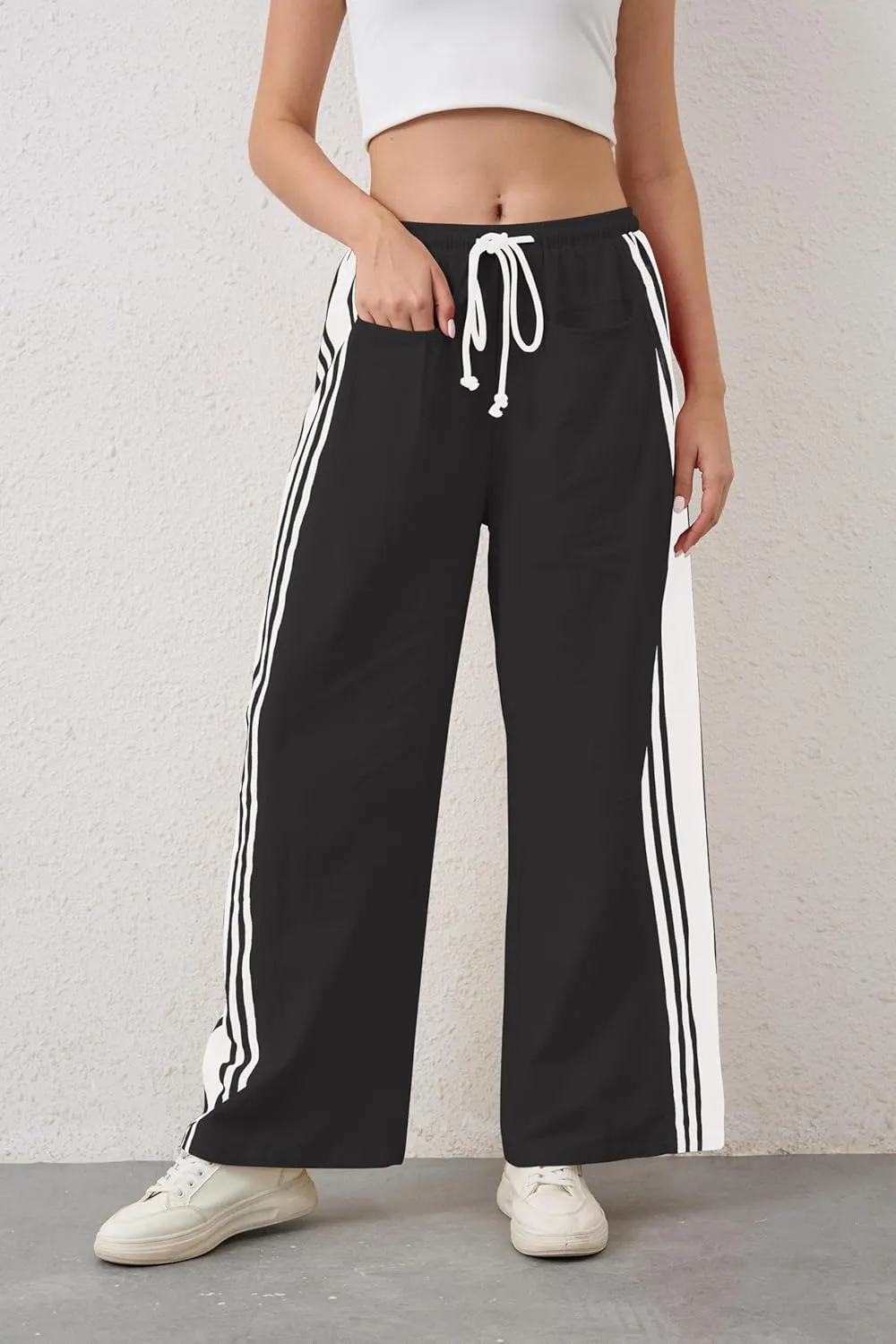MISSACTIVER Women Side Striped Wide Leg Pants Color Block High Rise Drawstring Sweatpants Baggy Track Pants with Pockets