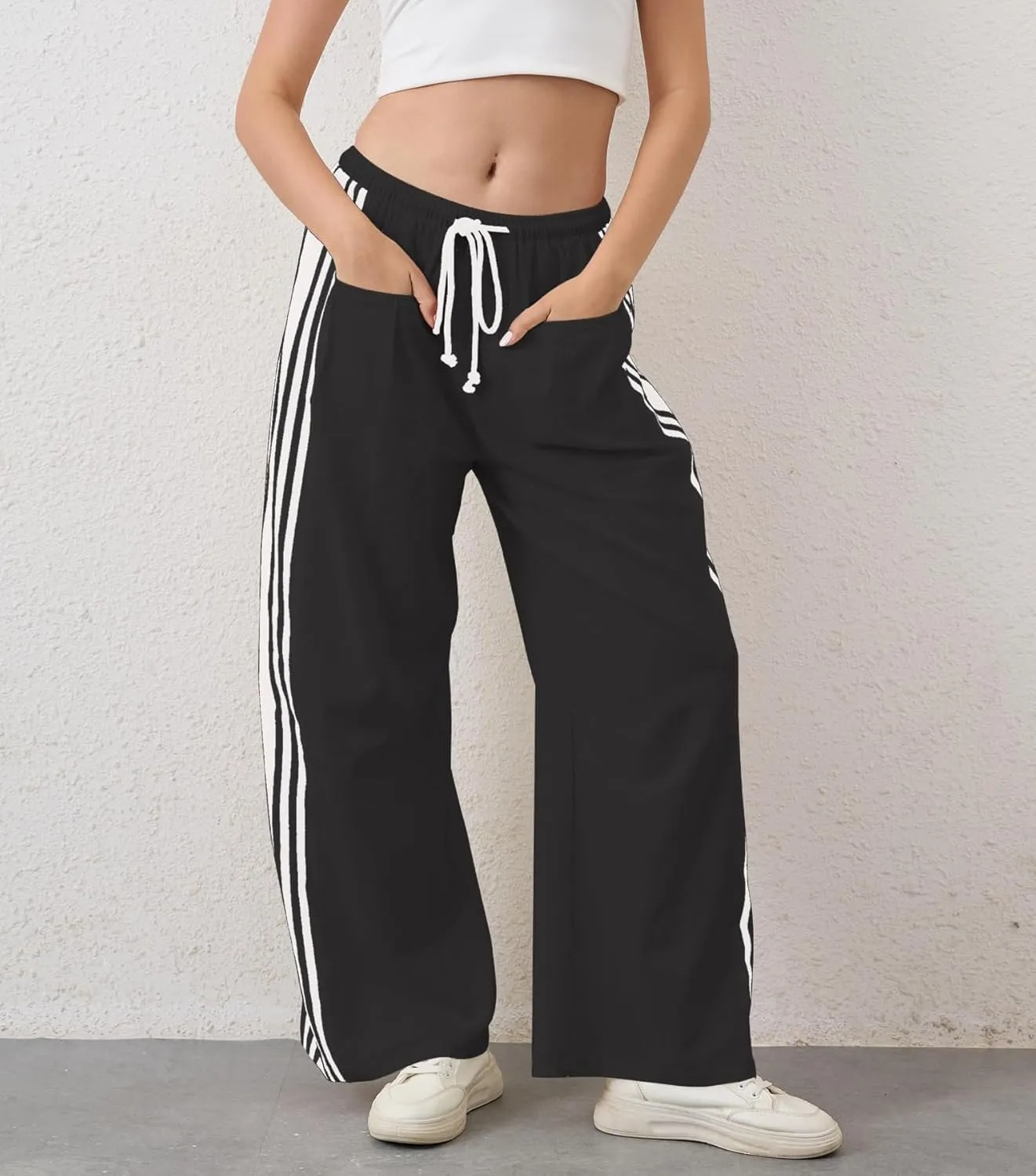 MISSACTIVER Women Side Striped Wide Leg Pants Color Block High Rise Drawstring Sweatpants Baggy Track Pants with Pockets