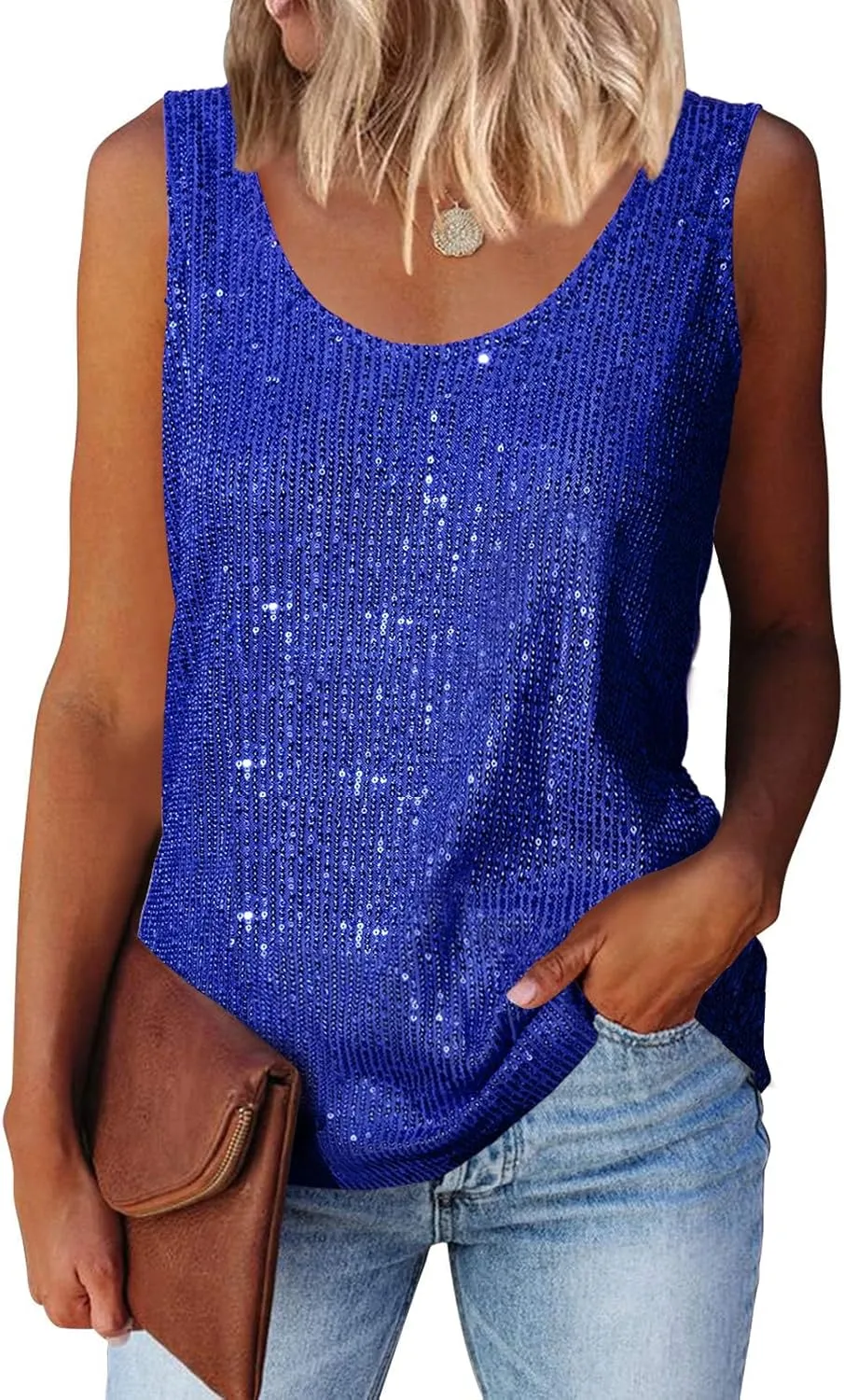 MLEBR Womens Summer Fashion Sequin Tops Scoop Neck Sequin Sparkle Shimmer Sleeveless Tanks Tops Blouses