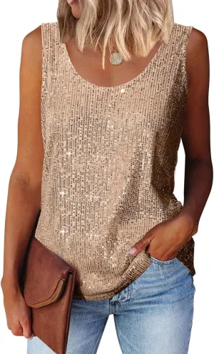 MLEBR Womens Summer Fashion Sequin Tops Scoop Neck Sequin Sparkle Shimmer Sleeveless Tanks Tops Blouses
