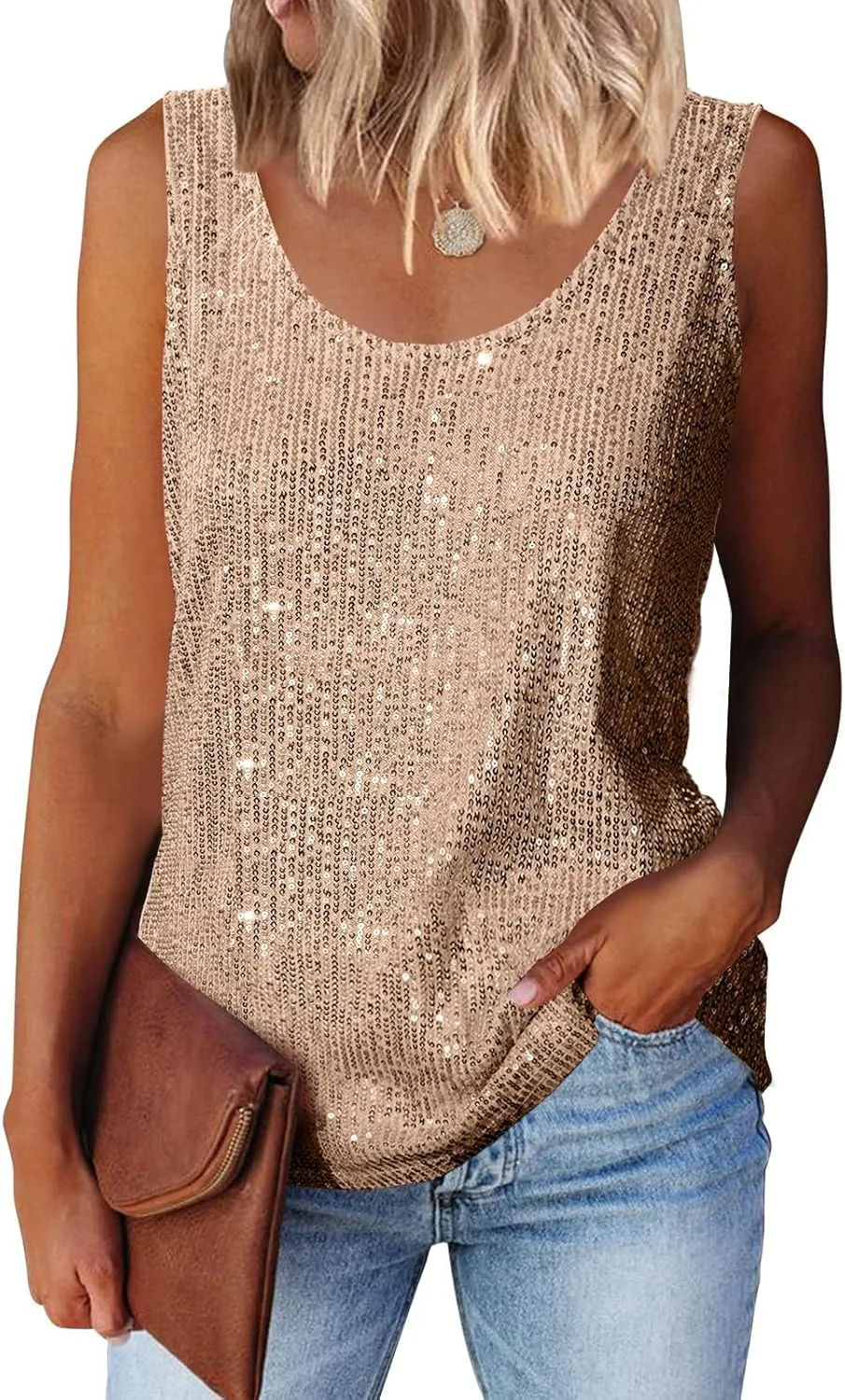 MLEBR Womens Summer Fashion Sequin Tops Scoop Neck Sequin Sparkle Shimmer Sleeveless Tanks Tops Blouses