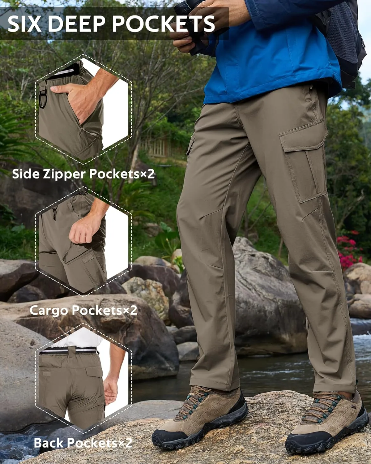MOURCE Men's Hiking Pants Outdoor Water Resistant Flex Ripstop Cargo Pants Quick Dry Lightweight Fit Pants 6 Pockets and Belt