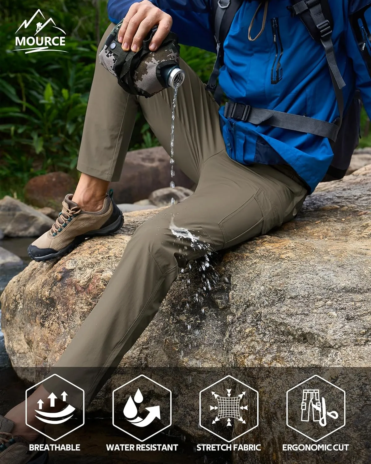 MOURCE Men's Hiking Pants Outdoor Water Resistant Flex Ripstop Cargo Pants Quick Dry Lightweight Fit Pants 6 Pockets and Belt