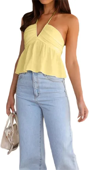 Mxiqqpltky Women Tie Halter Tank Tops Sexy V Neck Ruched Flowy Peplum Crop Camisole Cute Y2K Print Backless Ruffle Cami Tops
