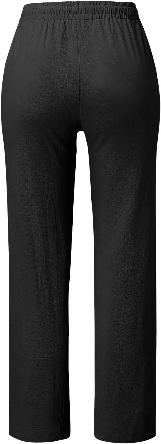 NBXNZWF Cotton Linen Pants for Women Casual Straight Leg Drawstring Elastic High Waist Long Trouser Loose Fit Lounge Pants